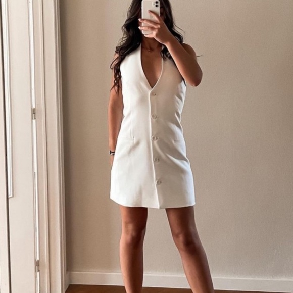 Zara White Crepe Fully Lined Lapel Tuxedo Halter Dress $89.90 - Picture 7 of 14
